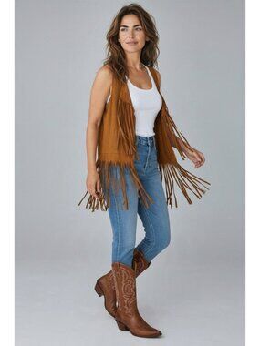Camel Brown Faux-Suede Hippie Fringe Vest Cowgirl Western Country Concert Dance